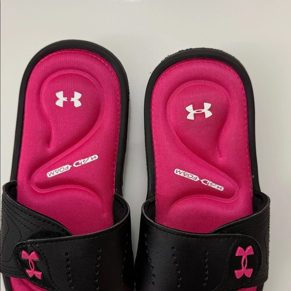 New Under Armour Slide Sandals Girls Youth 1Y Kids Black Hot Pink Foam Ignite